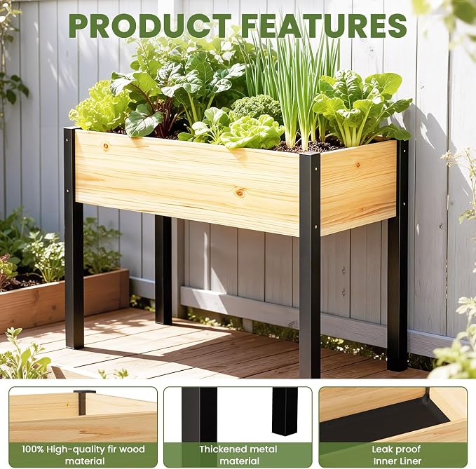 SUNYRISY Wooden Raised Garden Bed Outdoor with Metal Legs for Gardening, 45.6" L x 23.6" W x 31.5" H Elevated Planter Garden Box Raised Bed for Vegetable Flower Herb
