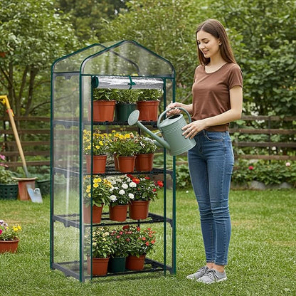 Outvita Mini Greenhouse, Small PVC Plant Green House with 4 Tiers Rack, Shelf Clips, Roll-up Zipper Door, Gardening Supplies for Indoor Outdoor Seedling Frost Protection, 27"x19.6"x63" Transparent
