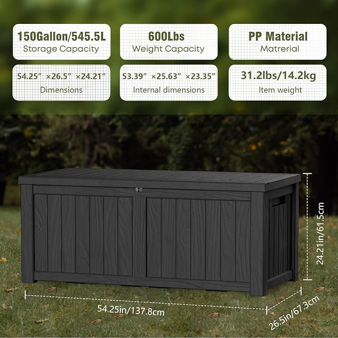 Outdoor Storage Box, 150 Gallon Waterproof Deck Box, Piston-Assisted Resin Trunk for Sectional Sofa Cushions, High-Capacity Lockable Double Storage Bench, Patio Lounge, Black