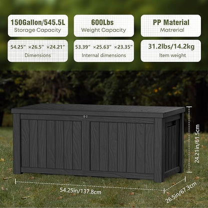 Outdoor Storage Box, 150 Gallon Waterproof Deck Box, Piston-Assisted Resin Trunk for Sectional Sofa Cushions, High-Capacity Lockable Double Storage Bench, Patio Lounge, Black