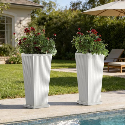 White Square Tall Planters for Outdoor Plants Set of 2-24" Modern Tapered Indoor Flower Pots with Drainage Holes/Partition/Tray, Large Outdoor Planters for Porch Patio Garden Front Porch