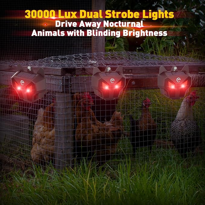 4 Pack Solar Nocturnal Animal Repeller with Red LED Flashing Lights – Effective Coyote, Raccoon, Skunk, Deer & Hawk Deterrent – Waterproof Predator Lights for Yards, Gardens & Chicken Coops
