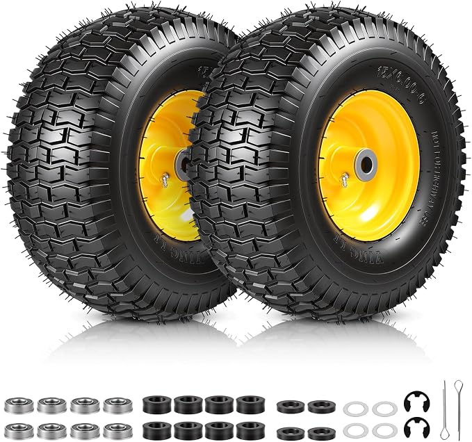 15x6.00-6 Lawn Mower Tire and Wheel, Replacement for John Deere Craftsman Husqvarna Riding Mowers, 4 Ply Tubeless Lawn Mower Tires 15x6x6, 500lbs Capacity, 3" Offset Hub, 3/4" Bushing, 2 Pack