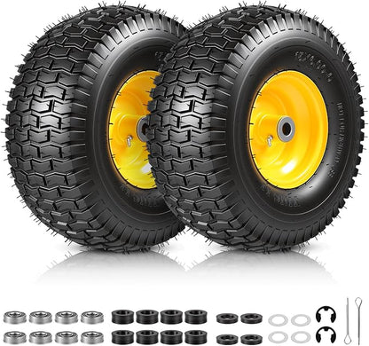 15x6.00-6 Lawn Mower Tire and Wheel, Replacement for John Deere Craftsman Husqvarna Riding Mowers, 4 Ply Tubeless Lawn Mower Tires 15x6x6, 500lbs Capacity, 3" Offset Hub, 3/4" Bushing, 2 Pack