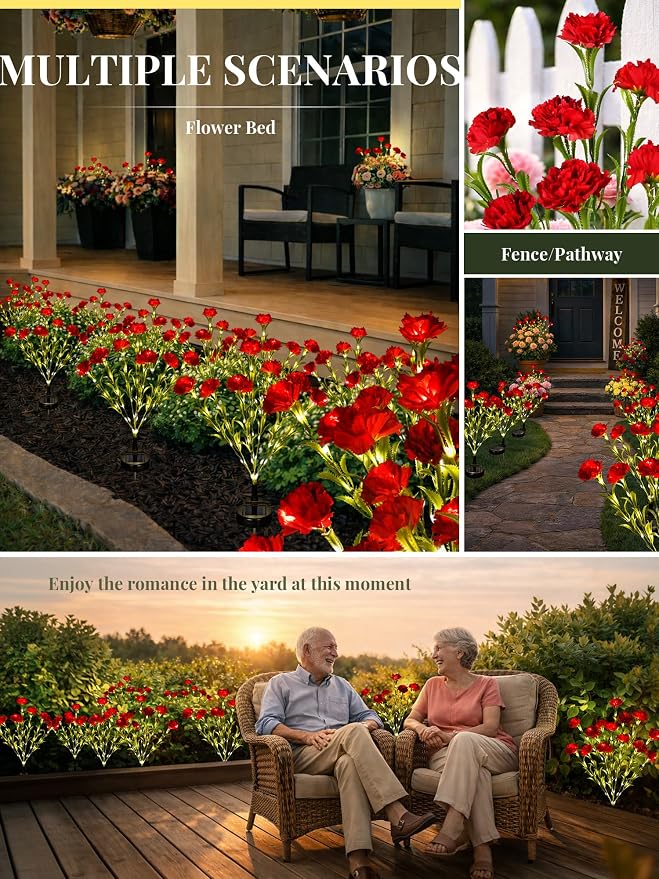 GIGALUMI Solar Lights Outdoor for Garden Decor, 2 Pack Solar Flower Lights Waterproof, 2 Lighting Modes 14 Carnations for Pathway,Yard, Patio Decoration, Gardening Gifts for Women (Red)