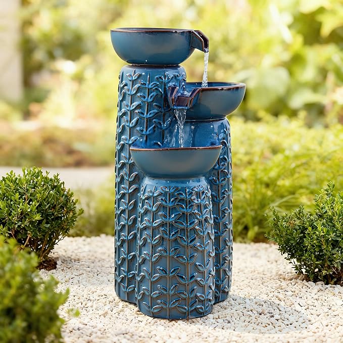 28" H Ceramic Outdoor Water Fountain with LED Lights, 3-Tier Cascading Bowls Water Feature, Tranquil Waterfall for Relaxing Garden, Patio, Yard, or Porch, Turquoise, Embossed Leaf Patterns