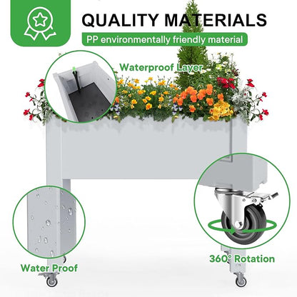 PatioZen Raised Garden Bed with Legs, 28.9" Tall Self-Watering Raised Planter Box with Lockable Wheels, Drainage Plug and Gauge for Vegetables Flowers, Rustproof Resin for Backyard Patio (Ashen)