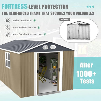 YOPTO 8x12 FT Outdoor Storage Shed, Metal Garden Shed with Window, Lockable Door & Sloped Roof, Large Waterproof Utility Tool Shed for Backyard, Garden, Patio, Lawn, Brown
