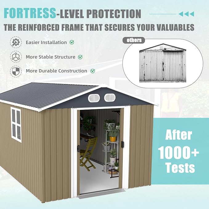 KEIKI 8x12 FT Outdoor Storage Shed, Heavy Duty Metal Garden Shed with Lockable Sliding Doors, Air Vents & Sloped Roof, Waterproof Backyard Tool Shed for Lawn Equipment, Patio Furniture, Brown