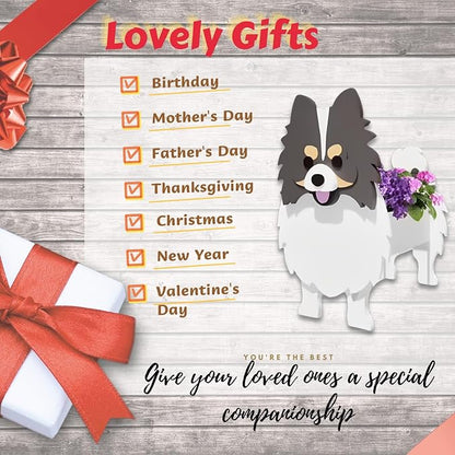 Grey and White Pomeranian Dog Planter Pots, 9.45 x 6.65 x 12.13 in | Dog Flower Pot, Cute Animal Shaped Plant Pot, Gifts for Women & Pet Lovers, Indoor Outdoor Garden Home Office Decor