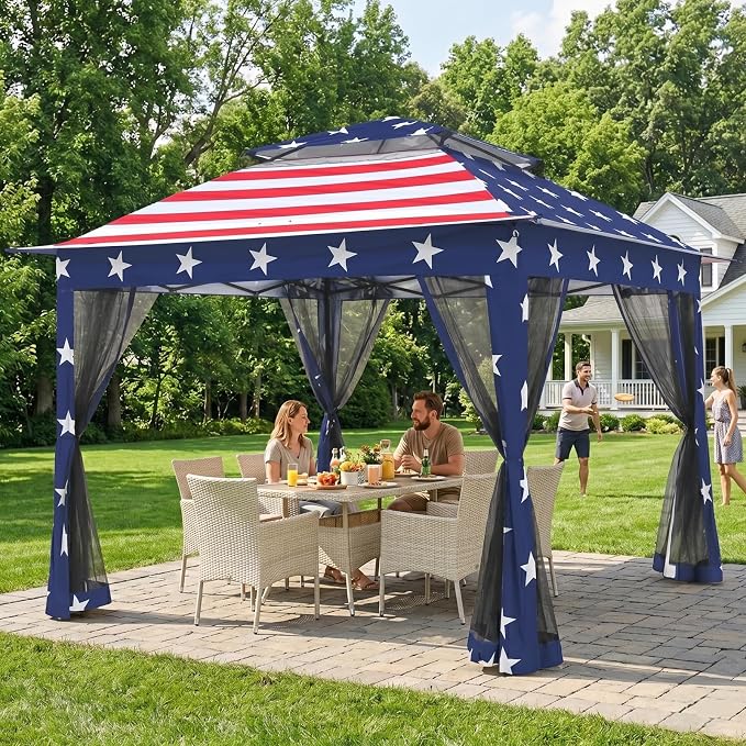 COOS BAY 11x11 Pop Up Gazebo with Mesh Netting, Instant Outdoor Canopy Tent, Water Resistant Shelter with UPF 50+ UV Protection, 121 Sq Ft Coverage, American Flag