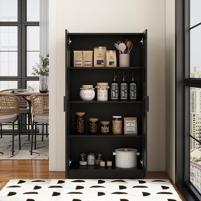 Wooden Storage Cabinet, Collection Food Pantry Narrow Cabinet Free Standing with 2 Doors and 3 Shelves Tool Cabinet, for Kitchens, Living Room, Utility Rooms (Black)