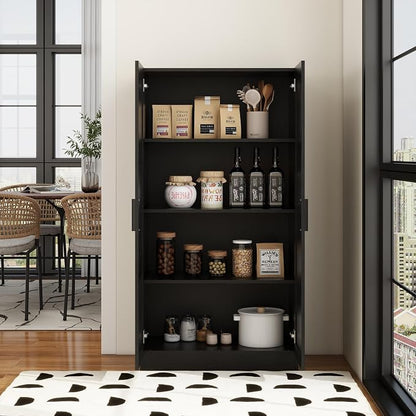 Wooden Storage Cabinet, Collection Food Pantry Narrow Cabinet Free Standing with 2 Doors and 3 Shelves Tool Cabinet, for Kitchens, Living Room, Utility Rooms (Black)