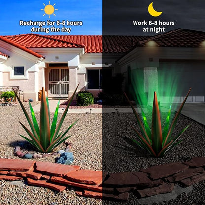 KODIBO Large Tequila Rustic Sculpture, Rustic Metal Agave Plants for Outdoor Patio Yard, Home Decor Hand Painted Metal Agave Garden Yard Statue, Outdoor Lawn Ornaments (Red - L (W/Solar Light))