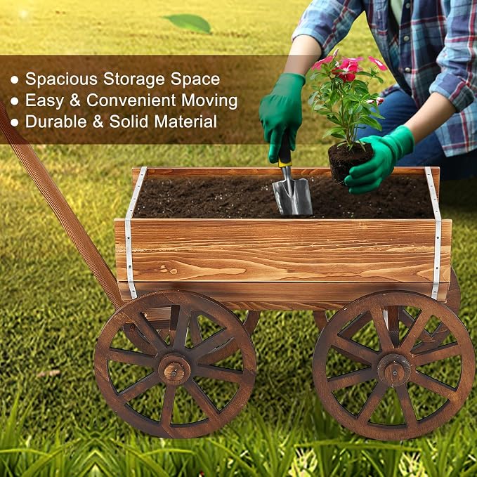 Beeveer Wooden Wagon Flower Planter Cart Garden Planter Box with Wagon Wheels Cart for Home Garden Outdoor Balcony Decorative, Patio Flowers Herbs Vegetables, Brown 29.5 x 17(Elegant)