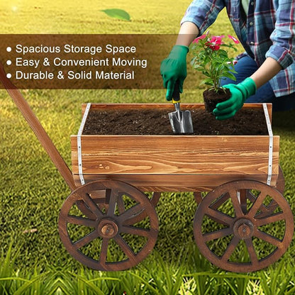 Beeveer Wooden Wagon Flower Planter Cart Garden Planter Box with Wagon Wheels Cart for Home Garden Outdoor Balcony Decorative, Patio Flowers Herbs Vegetables, Brown 29.5 x 17(Elegant)