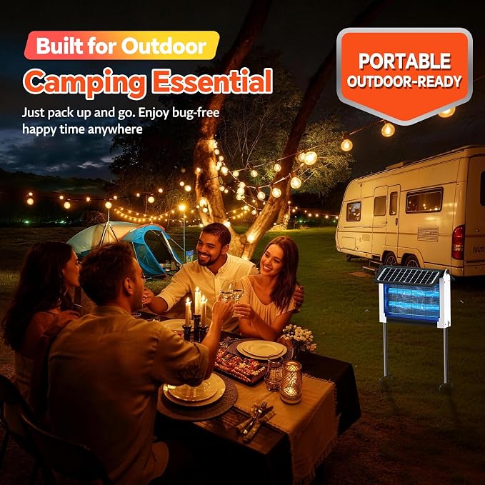 Solar Bug Zapper Outdoor, Dual Solar Panels, 4500V Waterproof Portable Mosquito Zappers, Cordless Fly Trap w/Auto Mode, Rechargeable Mosquitoes Insect Killer for Patio Yard Camping Garage(White)
