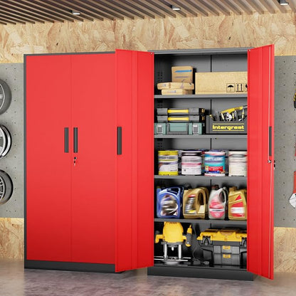 INTERGREAT Metal Storage Cabinet, 72" Locking Steel Cabinets with 2 Door and 4 Adjustable Shelves, Tall Metal Cabinet for Home Office, Garage, Warehouse, Black Red