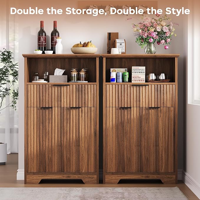 Fluted Buffet Cabinet with Storage, Modern Coffee Bar Cabinet with Drawer & Adjustable Shelf, Wood Sideboard Cabinet for Kitchen, Bathroom, Entryway and Living Room Walnut