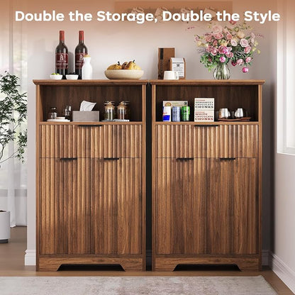 Fluted Buffet Cabinet with Storage, Modern Coffee Bar Cabinet with Drawer & Adjustable Shelf, Wood Sideboard Cabinet for Kitchen, Bathroom, Entryway and Living Room Walnut