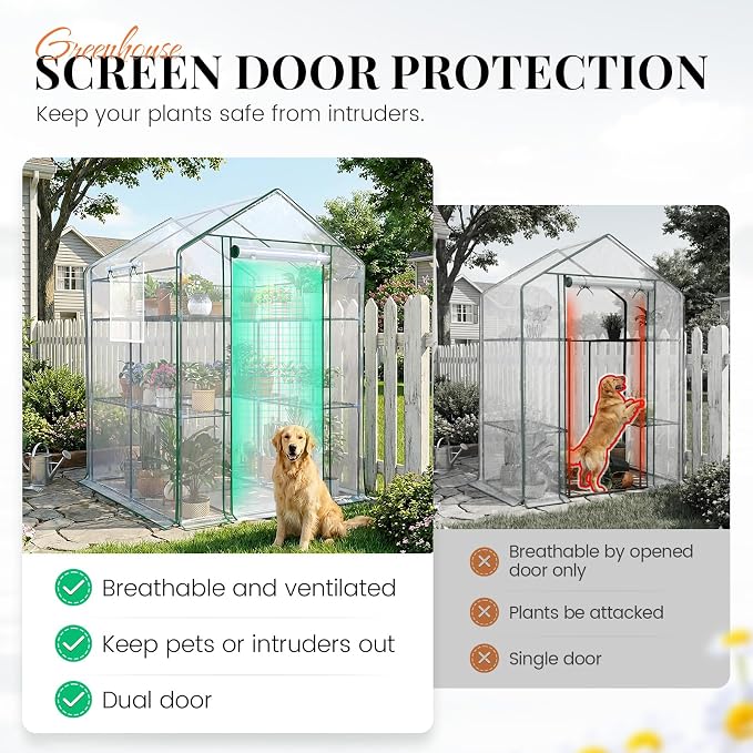 KING BIRD Premium Greenhouse for Outdoors, 56x56x77 in Walk-in Hot House with Thickened Cover, Reinforced Frame, Screen Windows & Mesh Door, 3 Tiers 14 Shelves for Outside Garden Seedlings, Clear