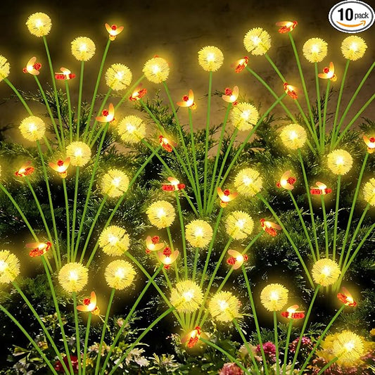 EEW Solar Garden Lights Outdoor 10 Pack 80 LED Swaying Dandelion Bee Lights | 2 Modes (Steady on, Slow Twinkle),Cute Flower Pathway Lights for Yard Lawn Patio Party Garden Wedding Pathway Decorations