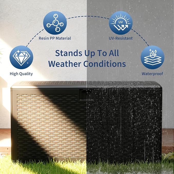 99 Gallon Waterproof Large Resin Deck Box Indoor Outdoor, Lockable Storage Container for Patio Furniture Cushions, Throw Pillows, Garden Tools, and Pool Floats, Brown