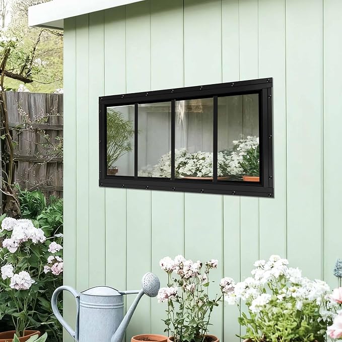 Shed Windows 2 Pack, Fixed Transom Windows 10" x 23" Black | Small Chicken Coop Windows with Tempered Glass for Shed, Barns, Playhouse, Household, Garage