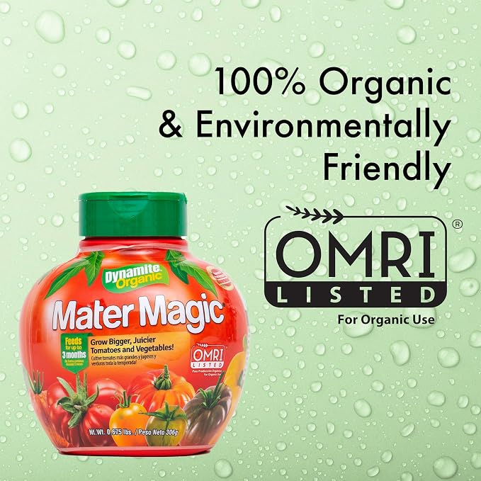 Dynamite Mater Magic - Organic Tomato Fertilizer for Bigger, Juicier Tomatoes and Vegetables, OMRI Listed, Nitrogen and Calcium-Rich Plant Food - .675 Pound Container with Shaker Lid