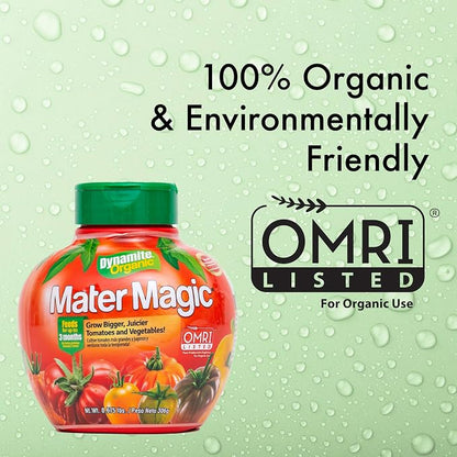 Dynamite Mater Magic - Organic Tomato Fertilizer for Bigger, Juicier Tomatoes and Vegetables, OMRI Listed, Nitrogen and Calcium-Rich Plant Food - .675 Pound Container with Shaker Lid