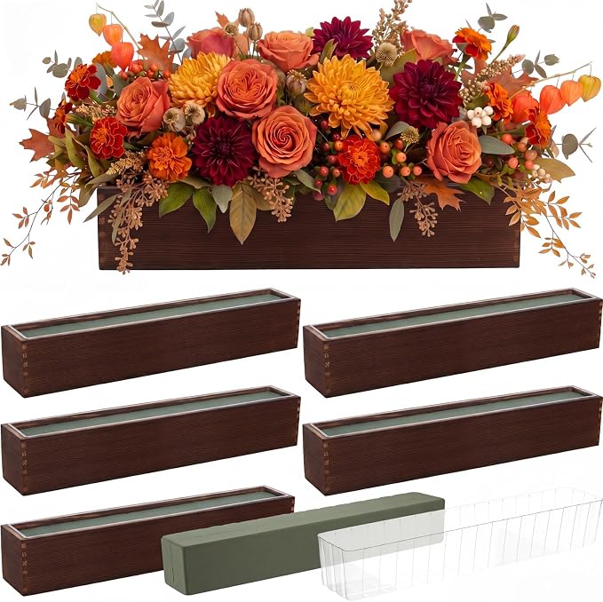 Sintuff 4 Set Rectangle Wooden Planters, 24 x 4 Inch Wood Boxes with Removable Plastic Liner & Floral Foam Blocks, Rustic Wood Planter for DIY Centerpieces Home Wedding Garden Bookshelf Decor (Brown)