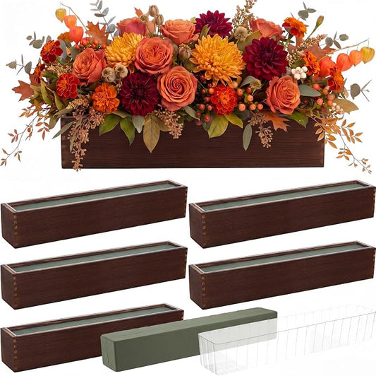 Sintuff 4 Set Rectangle Wooden Planters, 24 x 4 Inch Wood Boxes with Removable Plastic Liner & Floral Foam Blocks, Rustic Wood Planter for DIY Centerpieces Home Wedding Garden Bookshelf Decor (Brown)