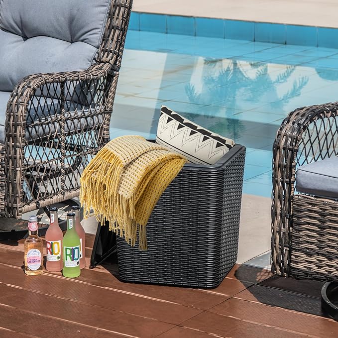 Tangkula 11.5 Gallon Water-proof Deck Box, Outdoor Patio Storage Box w/Removable Lid &, Faux Rattan Storage Container Side Table, All Weather Patio Furniture Extra Seat for Poolside (Black)