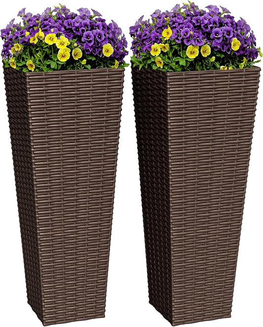 Greesum 23 Inch Tall Plastic Planters (Set of 2), Large Outdoor Flower Pots with Detachable Inner Pot & Drainage Holes for Plants, Trees, Patio, and Garden, Brown