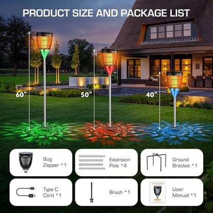 Solar Bug Zapper Outdoor, Mosquito Zapper with Flame & Projector Light Cordless Waterproof, Auto On/Off, Mosquito Trap Solar Powered, 4200V Electric Fly Zapper Killer for Patio Yard Camping Garden