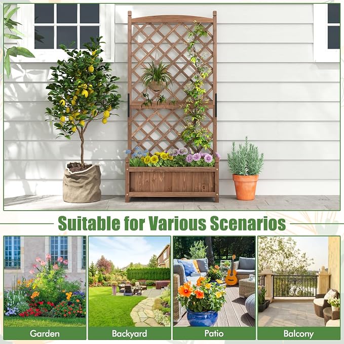 HAPPYGRILL Raised Garden Bed with Trellis, Large Planting Box w/Drainage Holes, 60” Wooden Garden Planter w/Diamond Lattice Trellis for Climbing Plants, Outdoor Planter Box for Patio (2, Coffee)