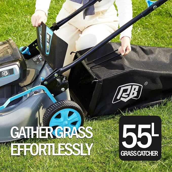RB 80V 18" Cordless Lawn Mower with 2x40V 4Ah Battery & Fast Charger | 7 cutting heights. Brushless motor & low noise. 4-in-1 function (Mulching, rear discharge, side discharge, and bagging)