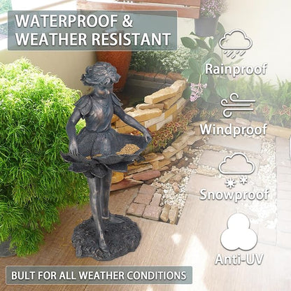 Outdoor Garden Statues - Bird Bath & Feeder Combo - Standing Angel Fairy Statues, 14.25*12.25*28.75 Inch