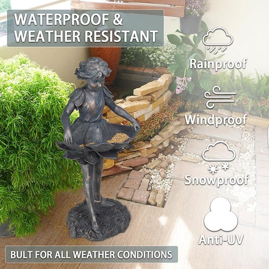 Outdoor Garden Statues - Bird Bath & Feeder Combo - Standing Angel Fairy Statues, 14.25*12.25*28.75 Inch