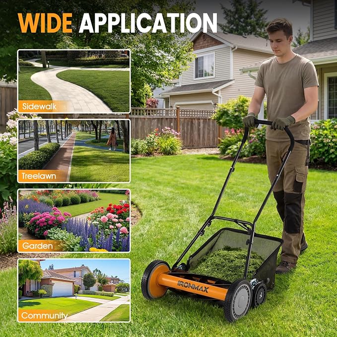 Goplus 18 Inch Push Reel Lawn Mower, 5-Blade Manganese Steel Manual Grass Cutter, 4-Position Adjustable Height, Removable Grass Catcher, Quiet No-Motor Walk-Behind Mower for Yard, Lightweight