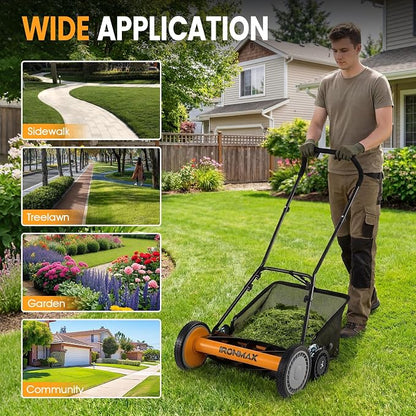 Goplus 18 Inch Push Reel Lawn Mower, 5-Blade Manganese Steel Manual Grass Cutter, 4-Position Adjustable Height, Removable Grass Catcher, Quiet No-Motor Walk-Behind Mower for Yard, Lightweight