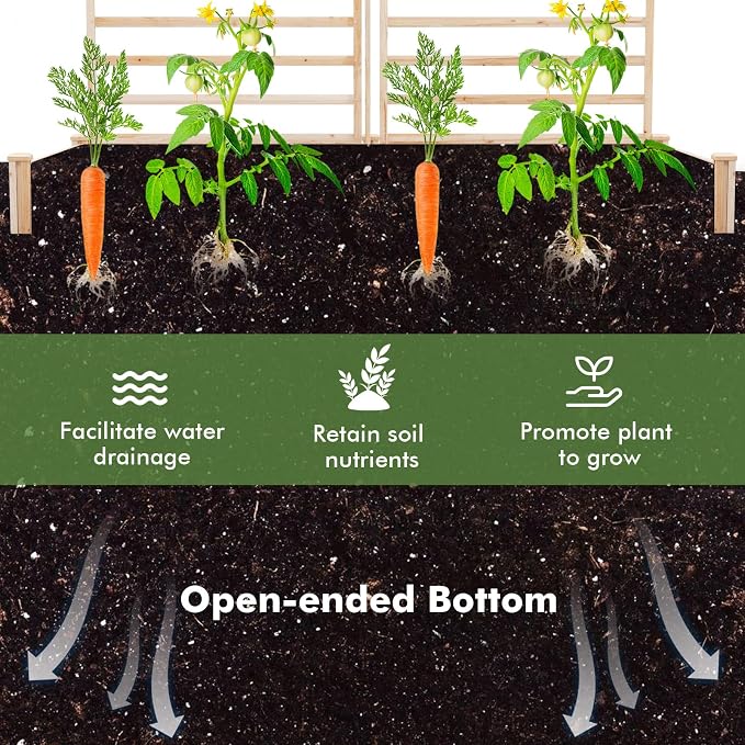 HAPPYGRILL Raised Garden Bed with 3 Trellises, Outdoor Wood Raised Bed w/ 2 Planter Boxes for Flowers, Vegetables, Fruits Climbing Vines, Elevated Garden Box for Yard Patio, 88" L x 45" W x 43" H