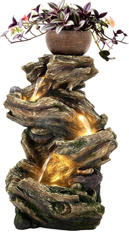33" Rustic Tree Trunk Outdoor Water Fountain with Planters, Handcrafted 5-Tier Cascading Water Feature with Moss & LED Lights, Relaxing Tranquil Decor for Garden Yard Patio Porch
