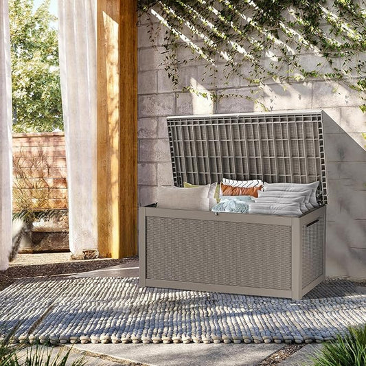 325 Gallon Outdoor Storage Box Waterproof, Lockable Resin Deck Box Large Storage Bin for Patio Furniture Cushion, Garden Tools, Pool Accessories, UV-Resistant Outside, Grey