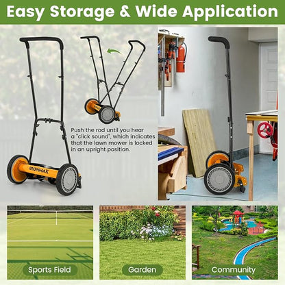 Goplus Manual Lawn Mower, 16 Inch 5-Blade Walk-Behind Cordless Grass Cutter with 7 Gallon Removable Grass Collect Bag, Adjustable Cutting Heights, Push Reel Lawn Mower for Yard, Garden