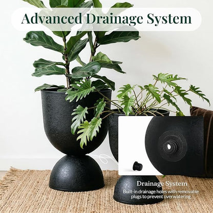 KOL Planters Flower Pots, Large Plastic Urn Planters for Indoor Outdoor Plants, Black Pedestal Planter 2 Pack, 18 Inch+23 Inch, Tall Decorative Planters with Drainage Holes & Plugs for Porch Garden