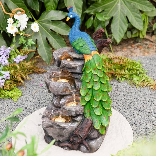 Glitzhome Outdoor Water Fountain with Lights, 4-Tierd Peacock W/Stacked Stone Outdoor Fountain, 20.5" H Polyresin Decorative Waterfall Feature Garden Fountain with Pump for Garden, Patio, Porch