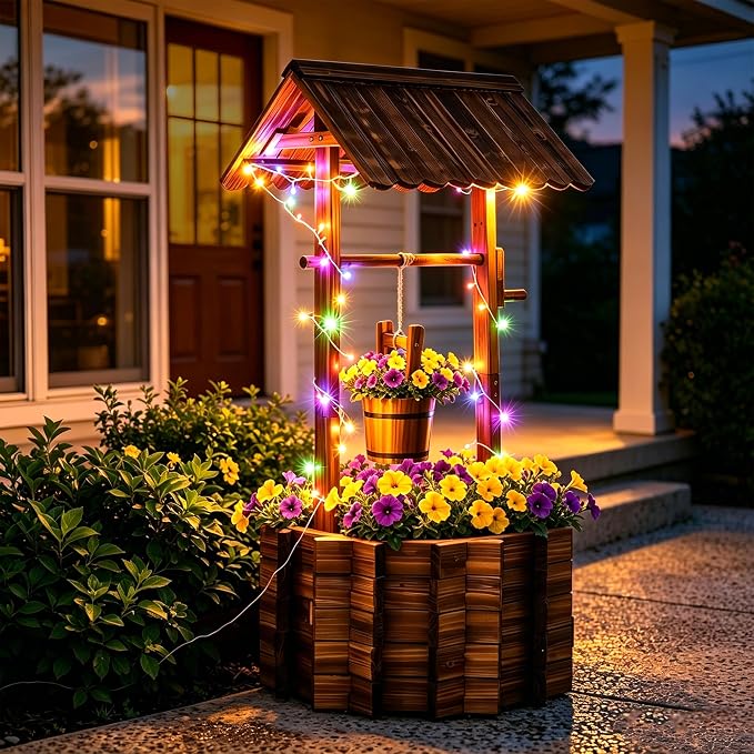 54" Outdoor Wooden Wishing Well Planter with Colorful LED Lights | Rustic fir wood decor with 11 light modes, 3 timer settings, adjustable bucket, drainage base, and liner for patio or yard