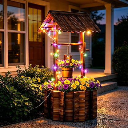 54" Outdoor Wooden Wishing Well Planter with Colorful LED Lights | Rustic fir wood decor with 11 light modes, 3 timer settings, adjustable bucket, drainage base, and liner for patio or yard