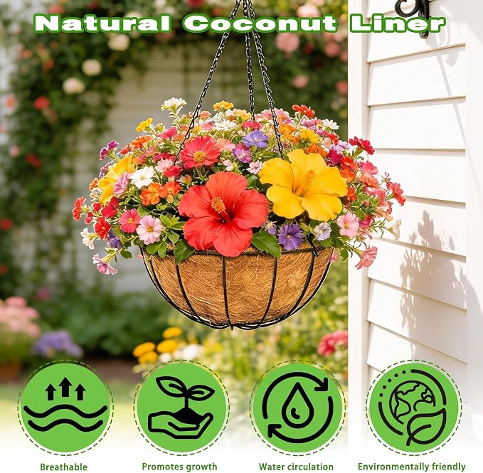 2 Pack 12 Inch Black Metal Hanging Basket Hanging Planter with Coco Coir Liner Heavy Duty Hanging Flower Pot Holder for Indoor Outdoor Patio Garden Porch Balcony Decor (Watermelon)